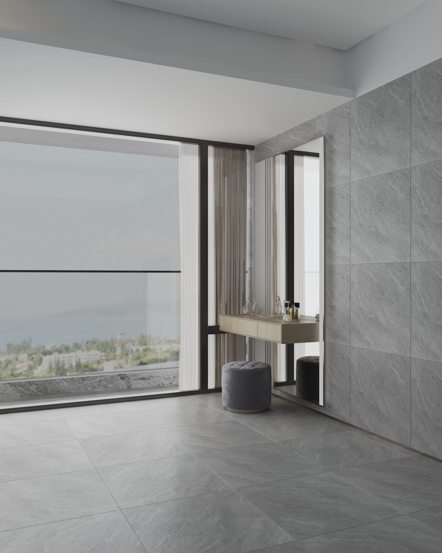Gạch 60x60 mờ, vân đá màu xám trong nhà tắm rộng tạo không gian cao cấp và sang trọng.