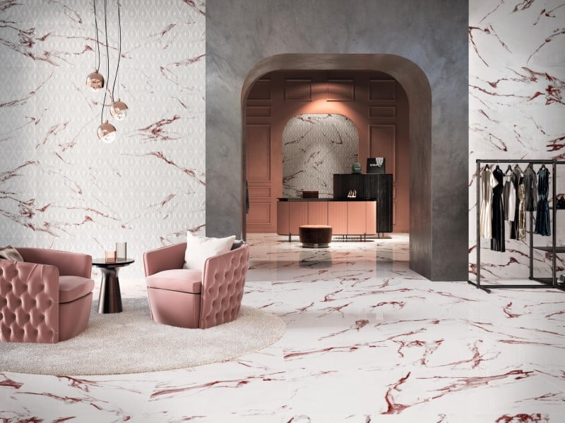 Gạch trắng vân hồng kích thước 80x80 mang tông màu hồng nữ tính, lý tưởng cho việc lát nền phòng khách, nhà hàng hay showroom