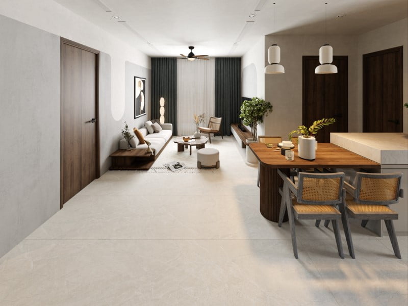Phòng khách lát gạch giả đá mờ mịn, cao cấp, tạo nên vẻ đẹp tinh tế và phù hợp với các không gian hiện đại