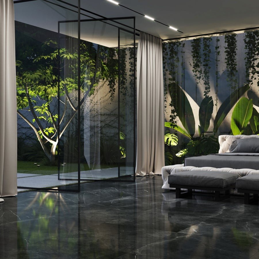 Gạch lát phòng ngủ màu xanh ngọc hòa quyện với thiên nhiên, tạo thiết kế thư giãn và dễ dàng thư thái trong không gian nghỉ ngơi.