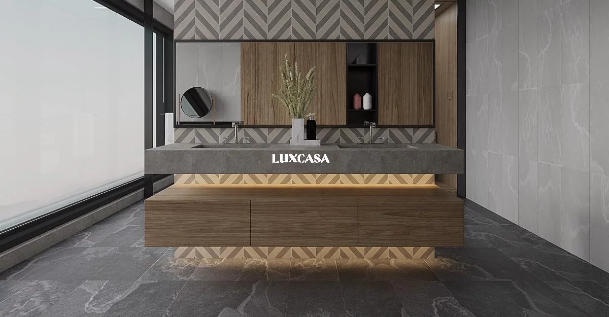 Mẫu gạch vân đá màu xám trong phòng tăms có sức hút không thể chối từ.