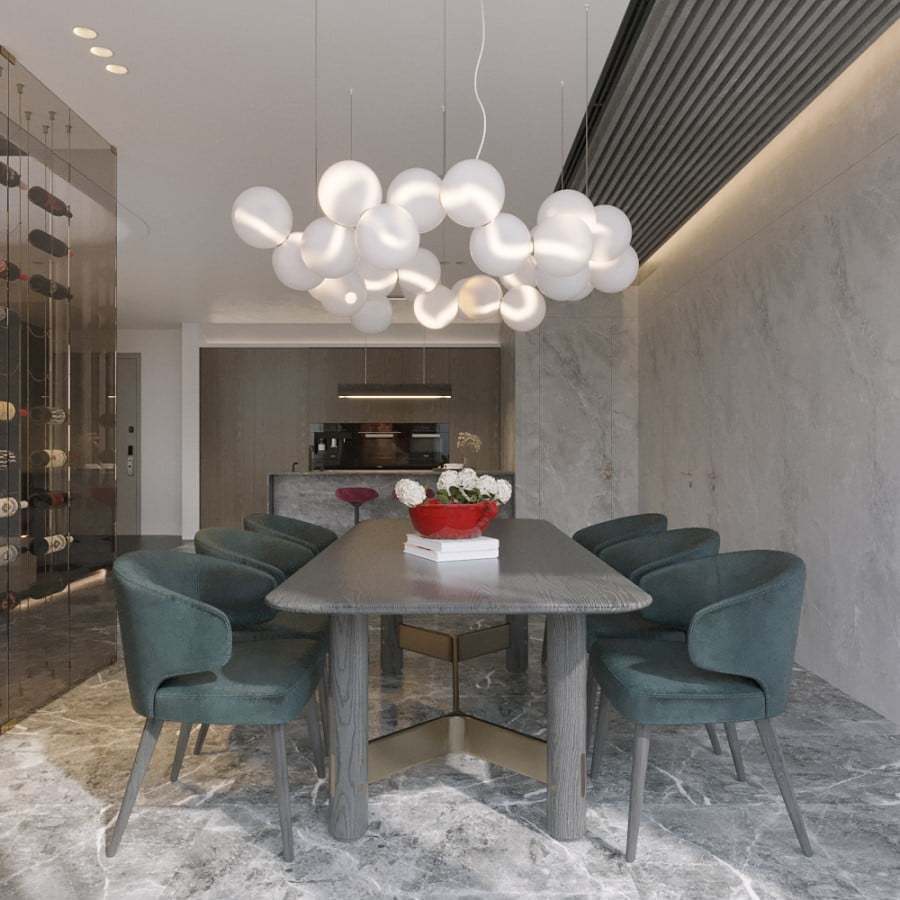 Gạch màu xám lát phòng ăn, tạo phong cách hiện đại, thanh lịch và tinh tế cho không gian.