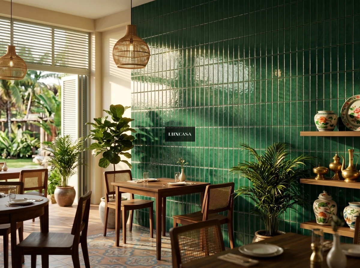 Gạch thẻ bóng rạn 6x20 ốp quán cafe màu xanh đậm