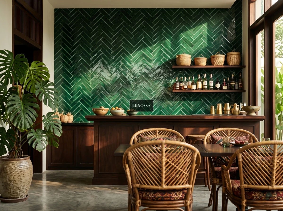 Gạch thẻ bóng rạn 6x20 ốp quán cafe màu xanh đậm