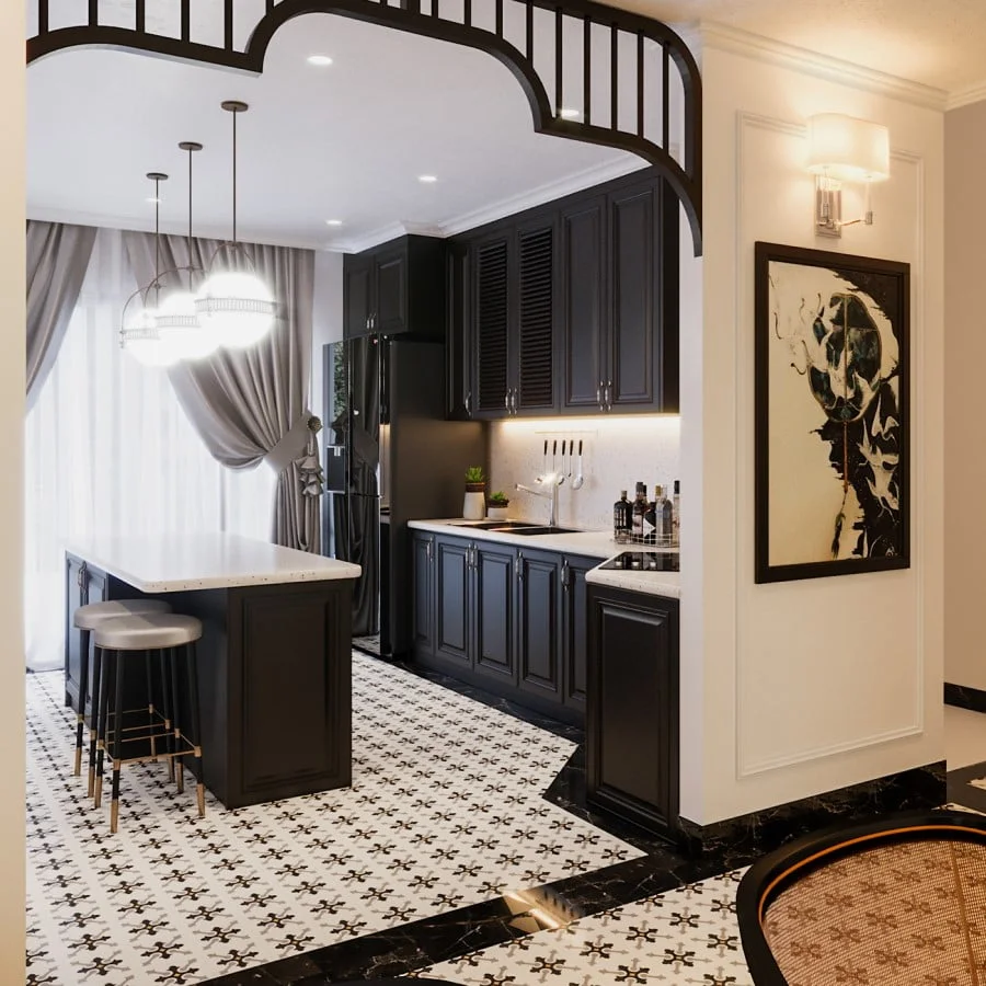 Gạch bông xương đá porcelain giúp tăng tính thẩm mỹ và chống thấm nước cho nhà bếp.