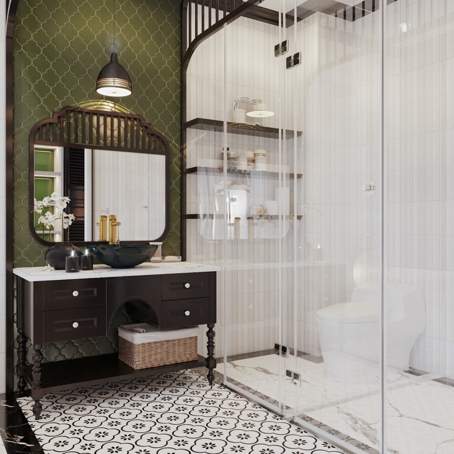 Gạch bông 60x60cm với thiết kế cổ điển tạo điểm nhấn quyến rũ cho không gian nhà tắm.