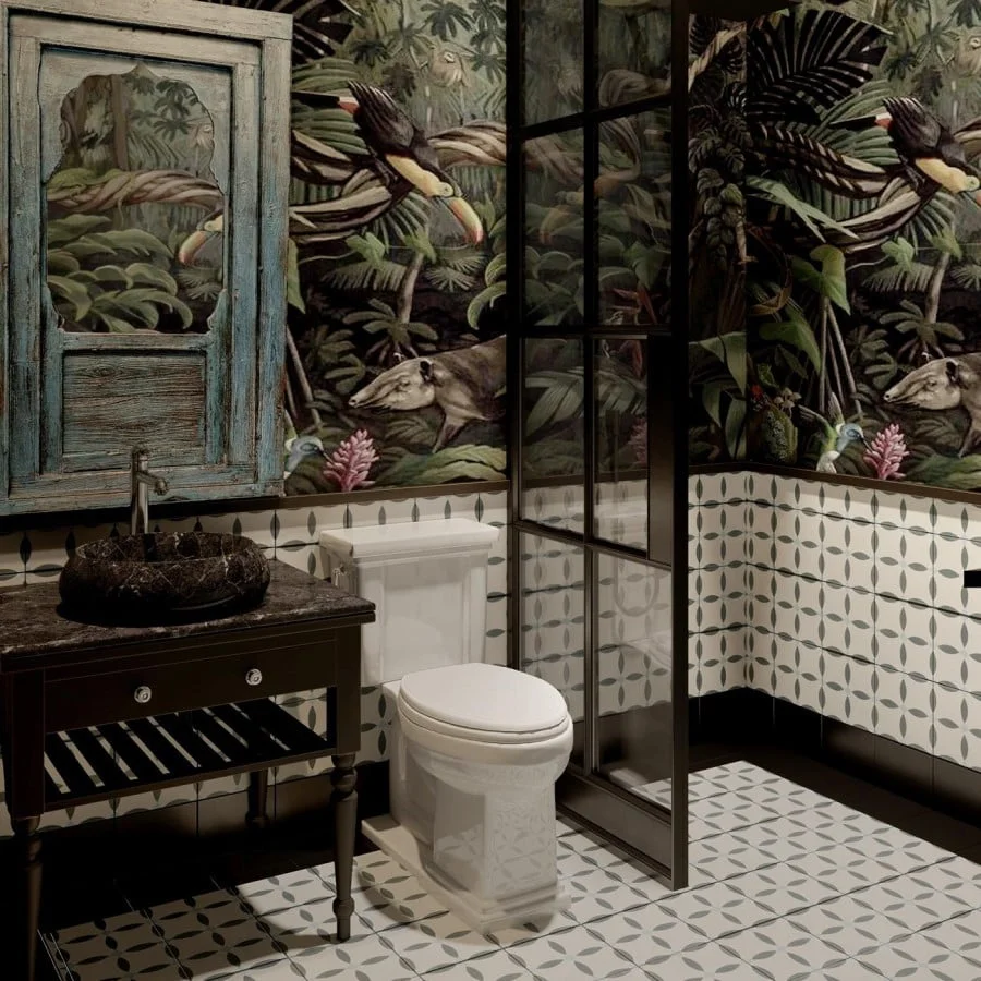 Sự kết hợp giữa gạch bông xương đá porcelain và khả năng chống thấm nước làm cho nhà vệ sinh trở nên hiện đại