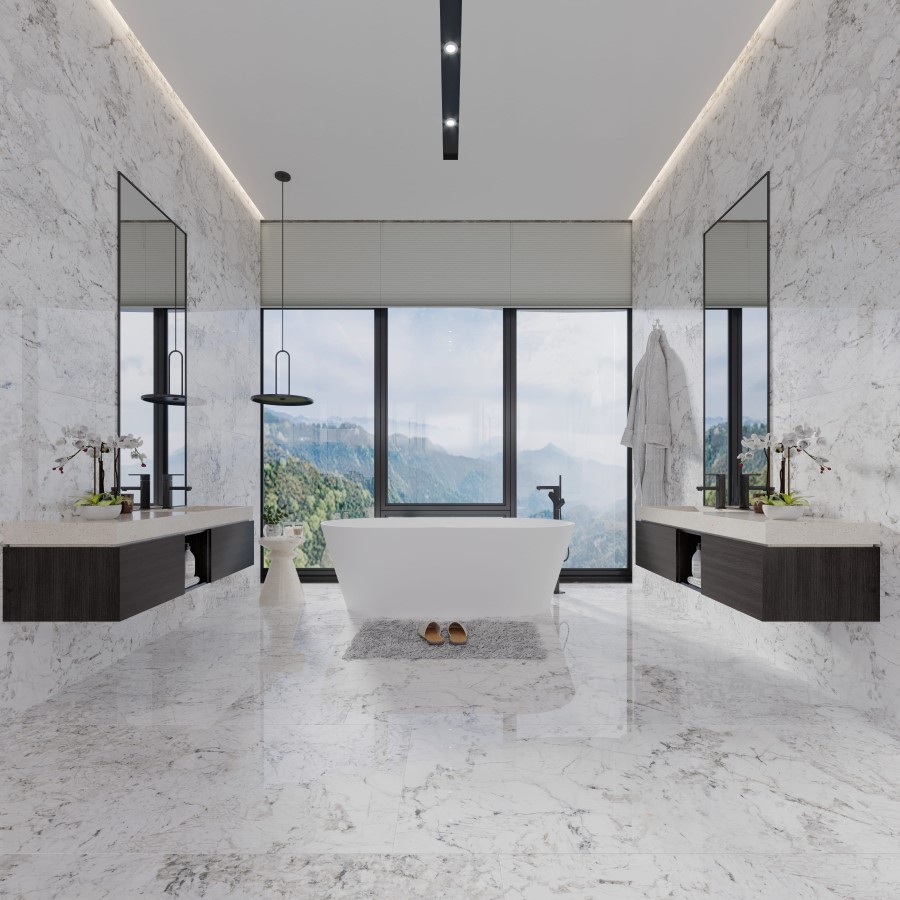 Nhà vệ sinh sử dụng gạch trắng cao cấp của Viglacera, tạo nên không gian tinh tế, thuần khiết, và dễ dàng làm sạch