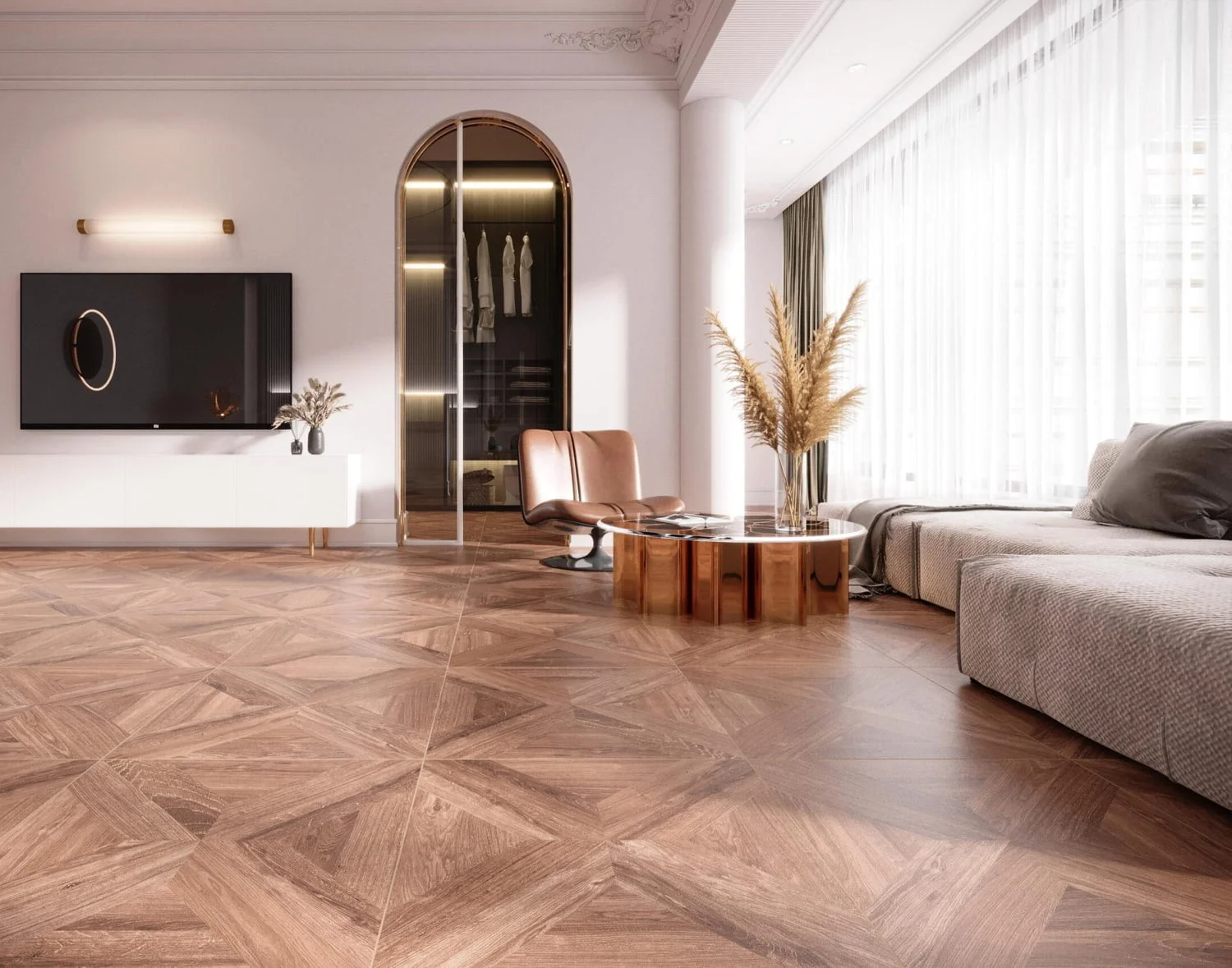 Gạch lát phòng khách vân gỗ 60x60 60LUTEAK ALMOND