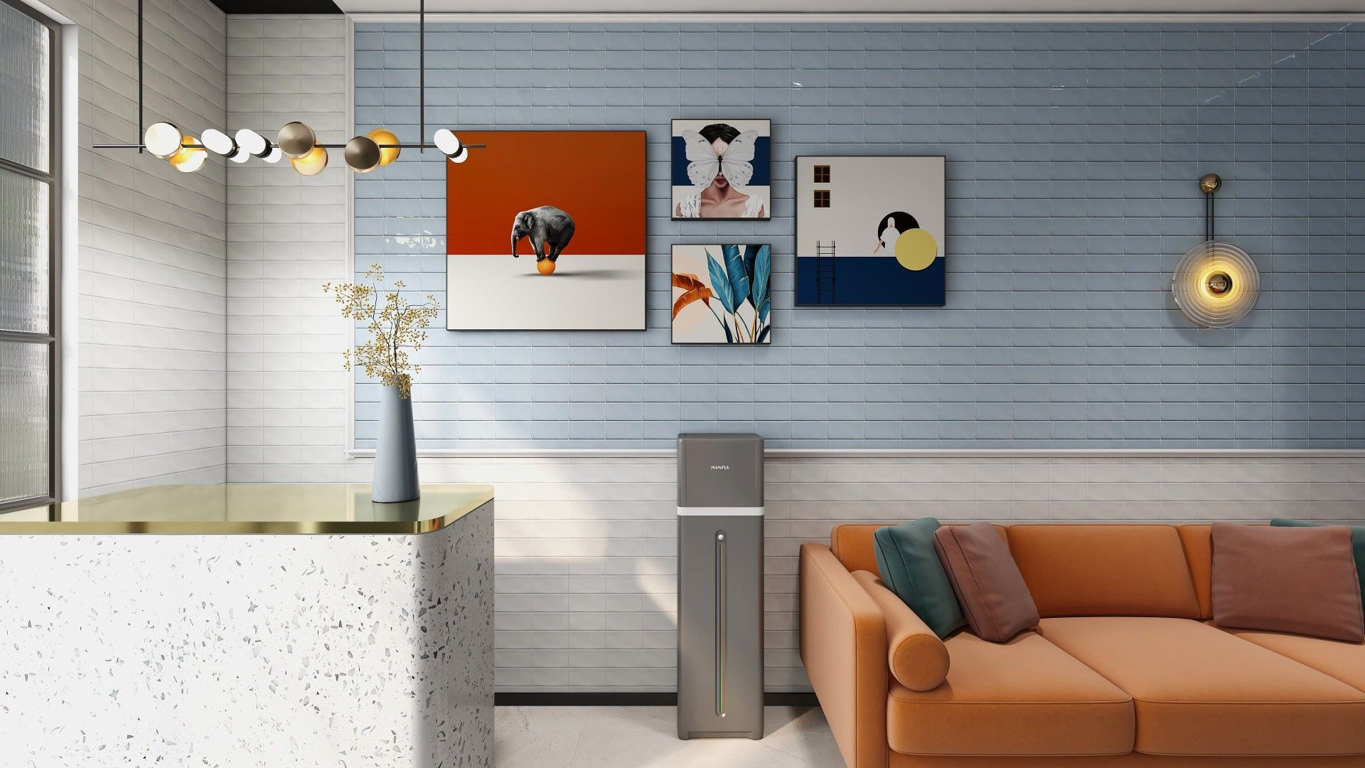 Phối hợp với nhiều màu sắc khác tạo nên sự cân bằng bởi gạch ốp tường phòng khách màu trắng.