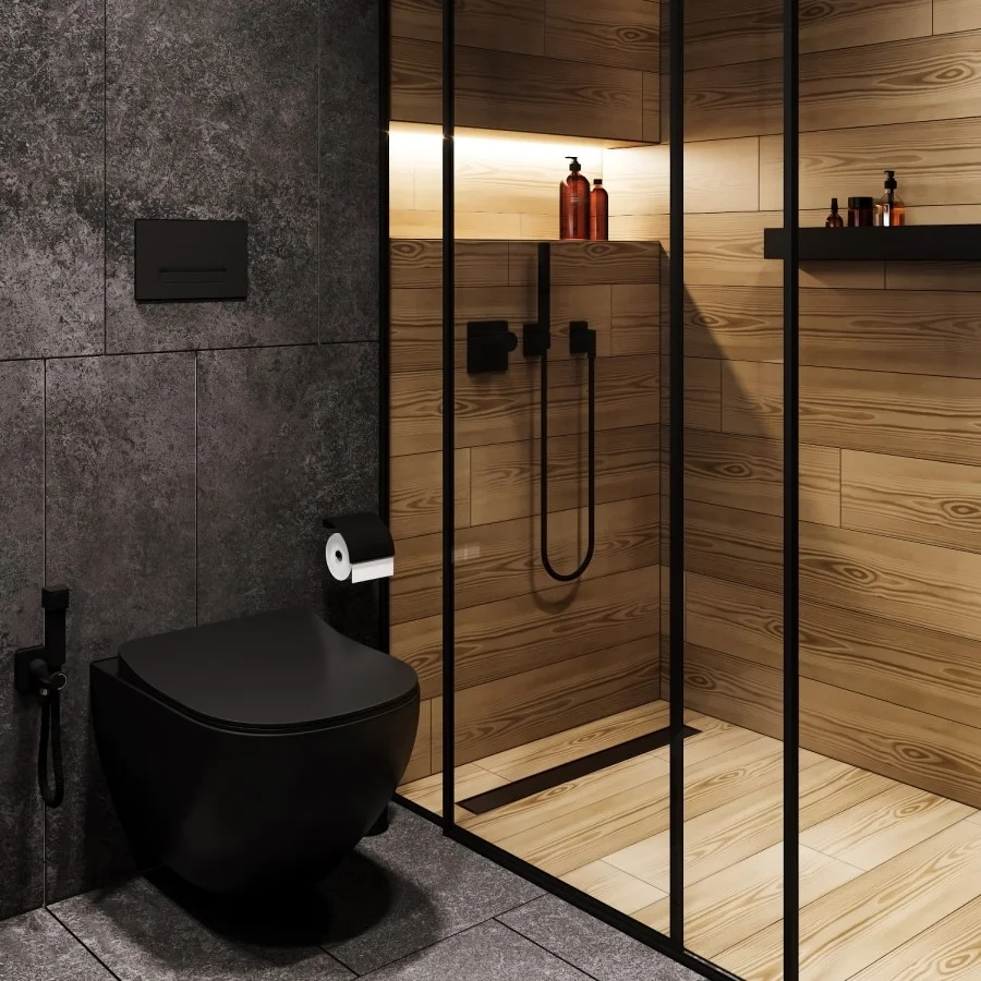 Gạch giả gỗ phối cùng gạch xi măng trong nhà tắm