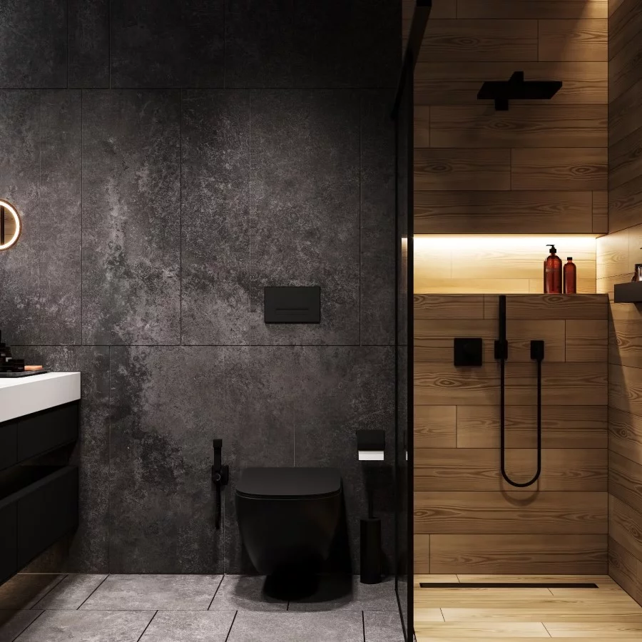 Gạch giả gỗ phối cùng gạch xi măng trong nhà tắm