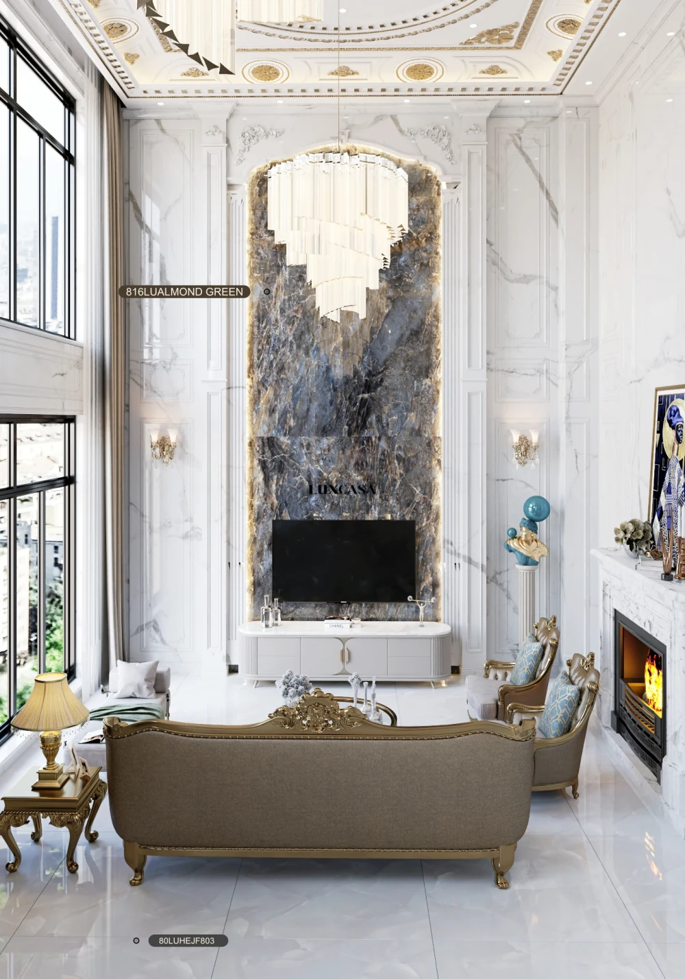 Gạch lát nền 80x80 80LUHEJF803 với gạch tường 80x160cm 816LUALMOND GREEN