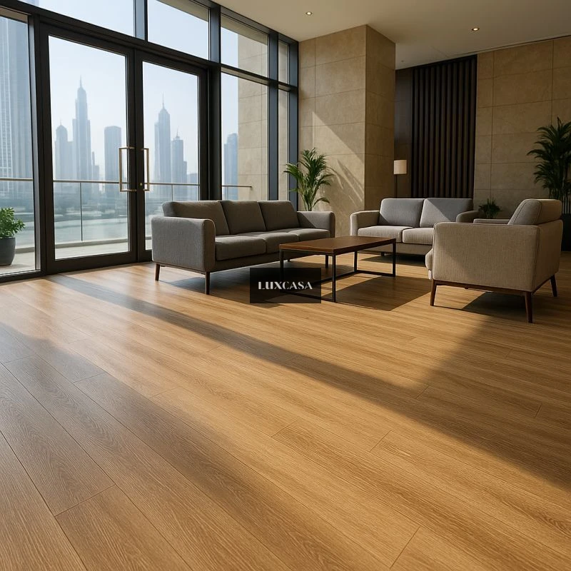 Gạch giả gỗ lát phòng khách màu vàng gỗ sối