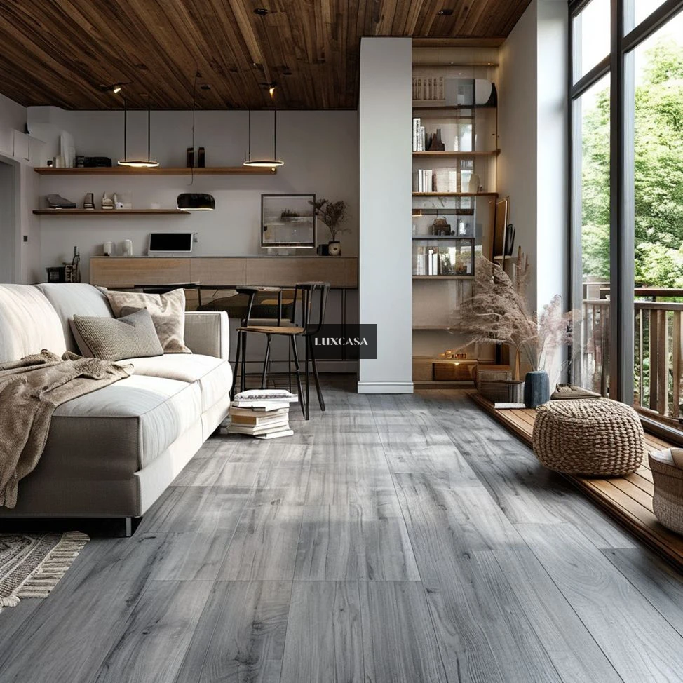 Gạch giả gỗ lát phòng khách màu xám