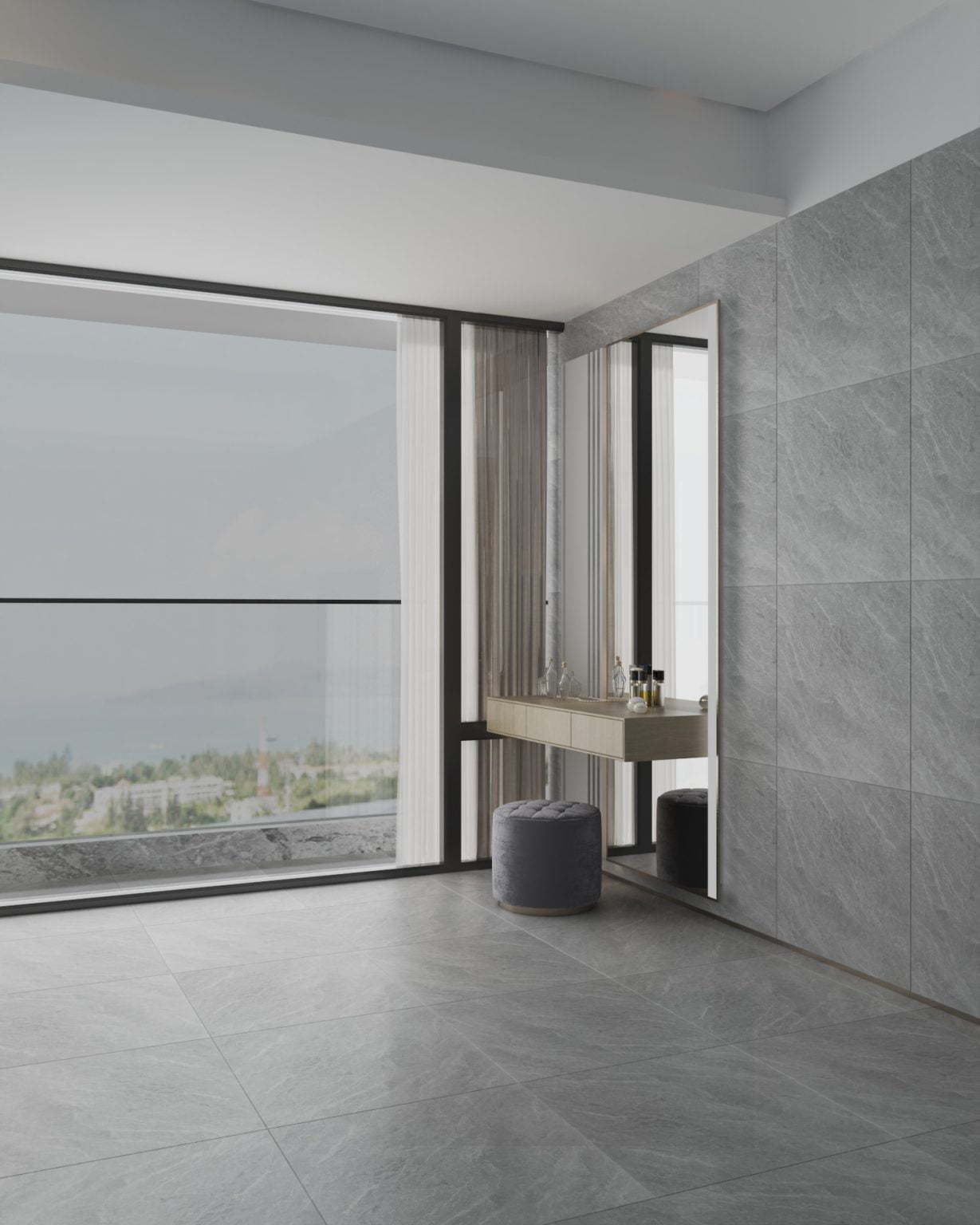 Gạch lát nền 60x60 xám vân mây, bề mặt men matt, phù hợp lát nền nhà vệ sinh hiện đại, sạch sẽ.