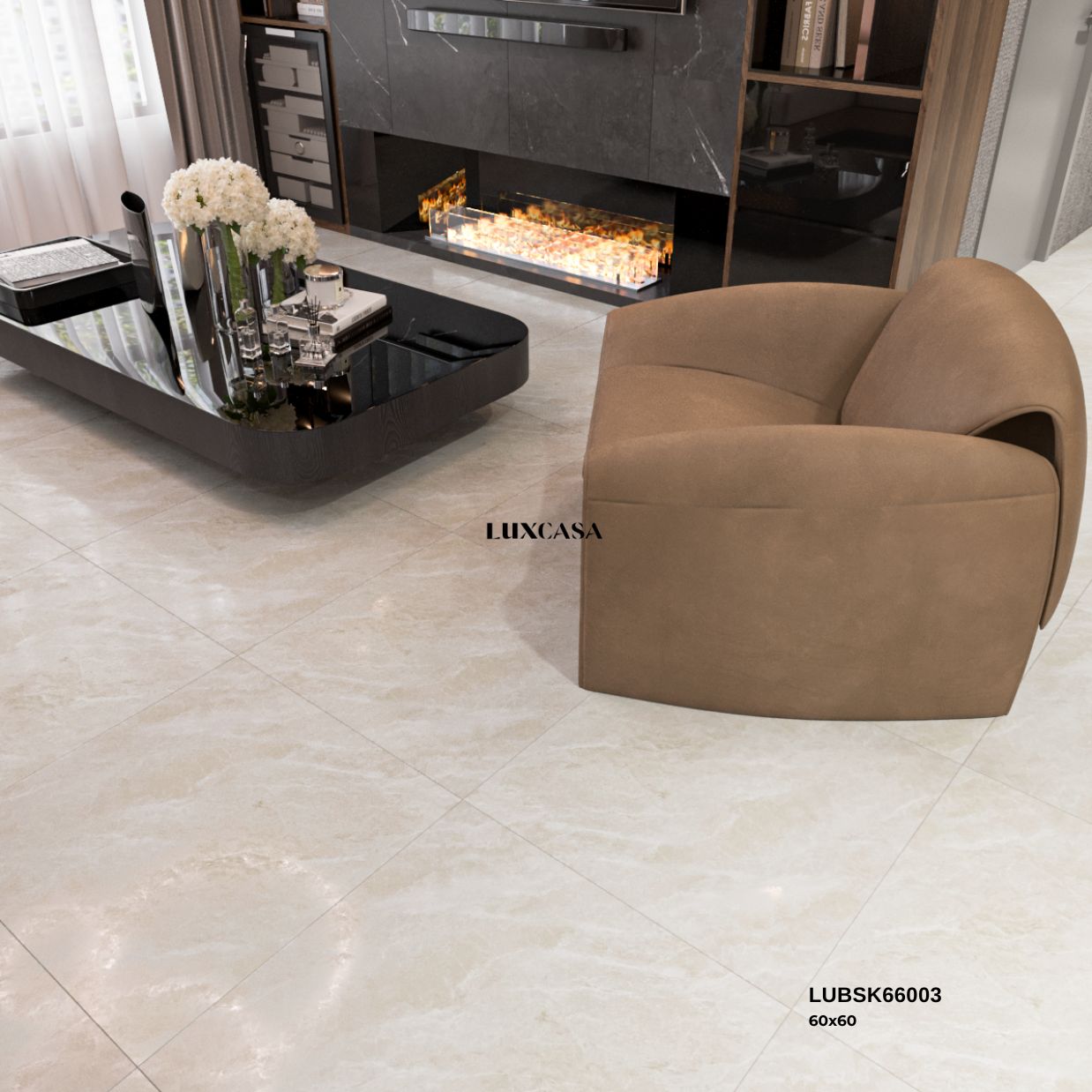 Gạch lát nền 60x60 màu kem vân mây mang đến không gian phòng khách sáng, nhẹ nhàng và thanh lịch.