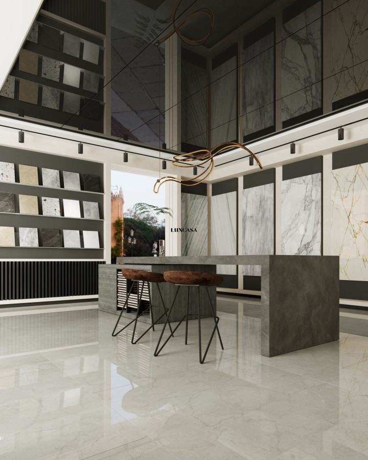 Gạch giả đá 100x100 lát showroom trưng bày gạch