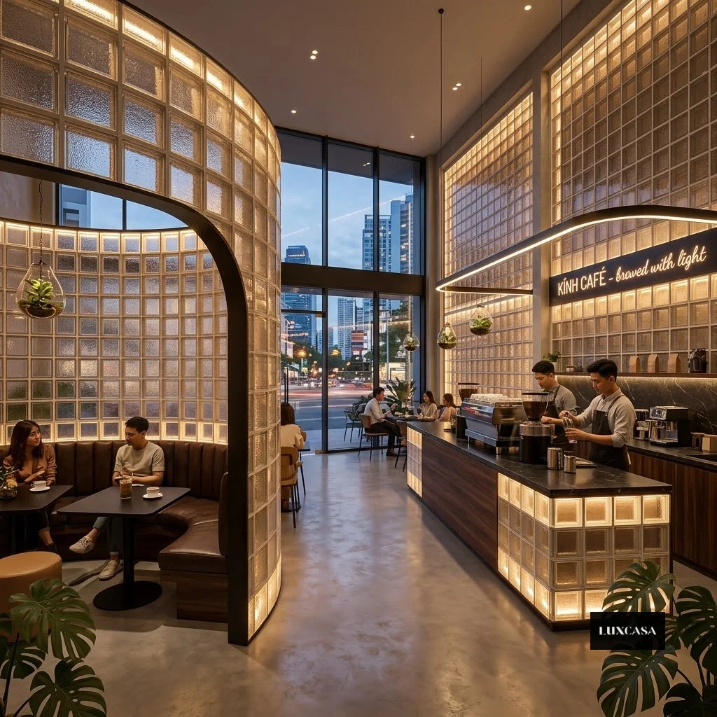 Gạch kính 190x190 ứng dụng trong quán cafe