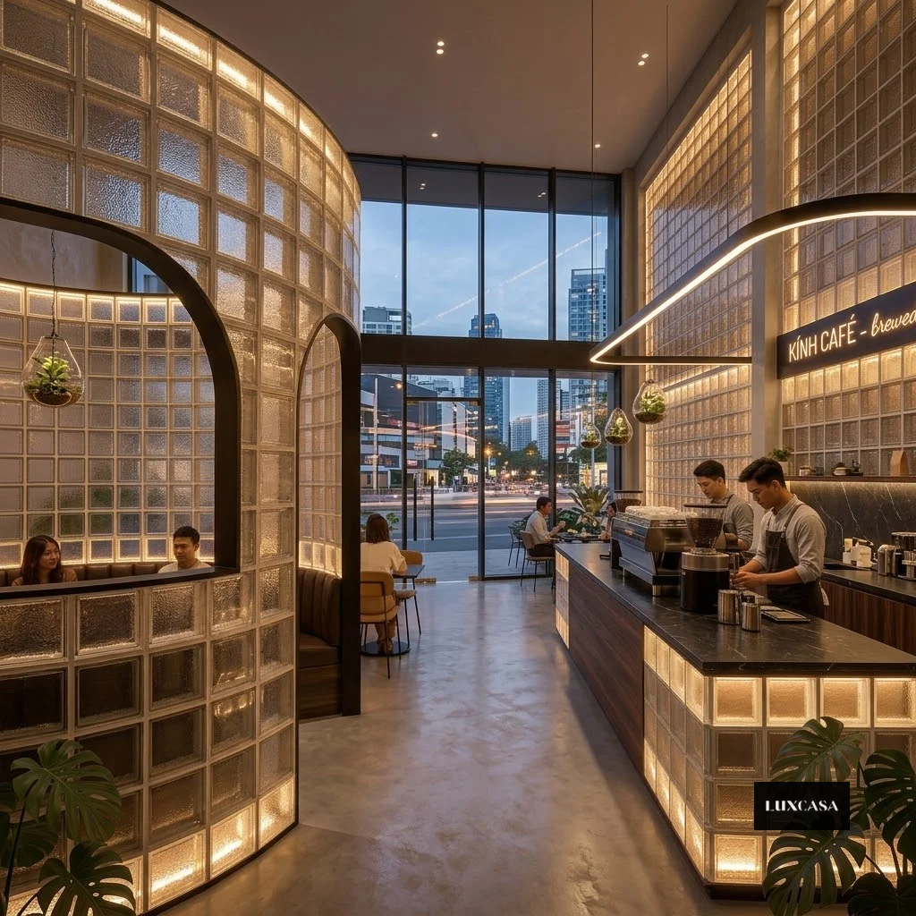 Gạch kính 190x190 ứng dụng trong quán cafe