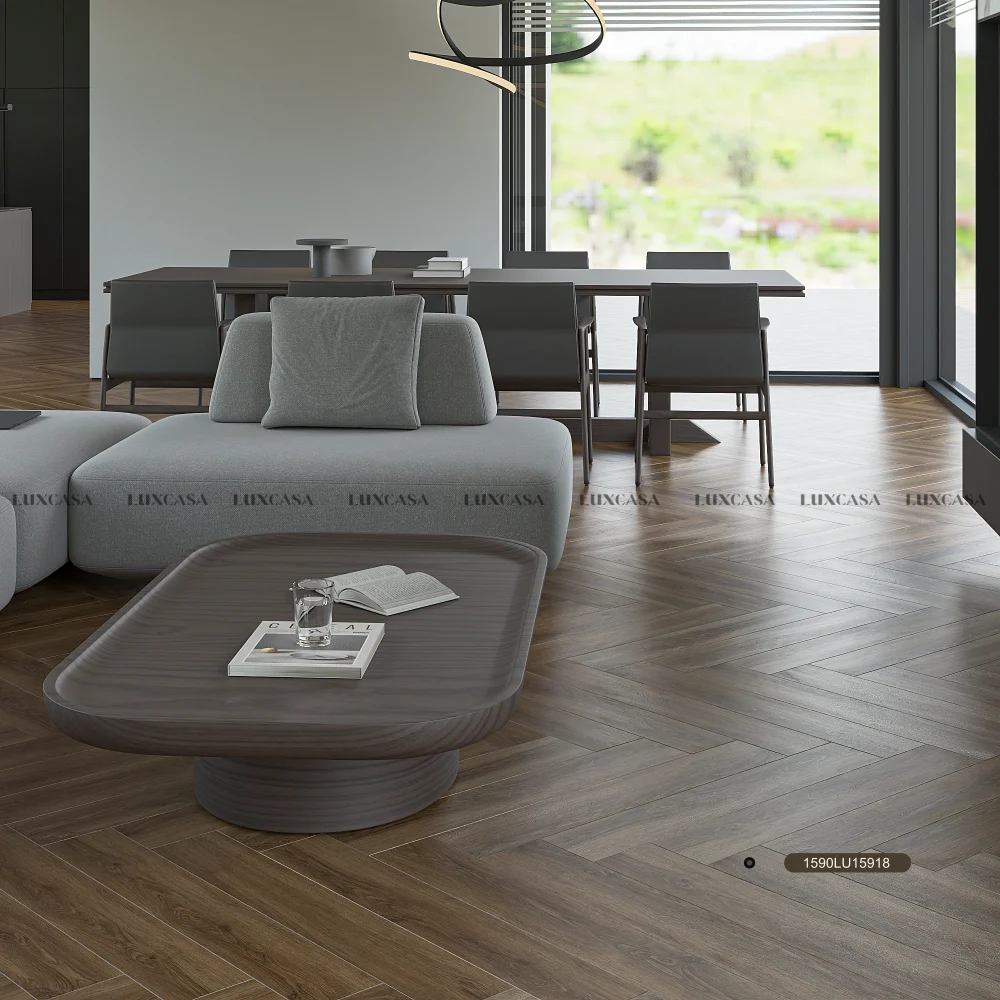 Gạch lát phòng khách vân gỗ màu nâu 15X90 1590LU15918