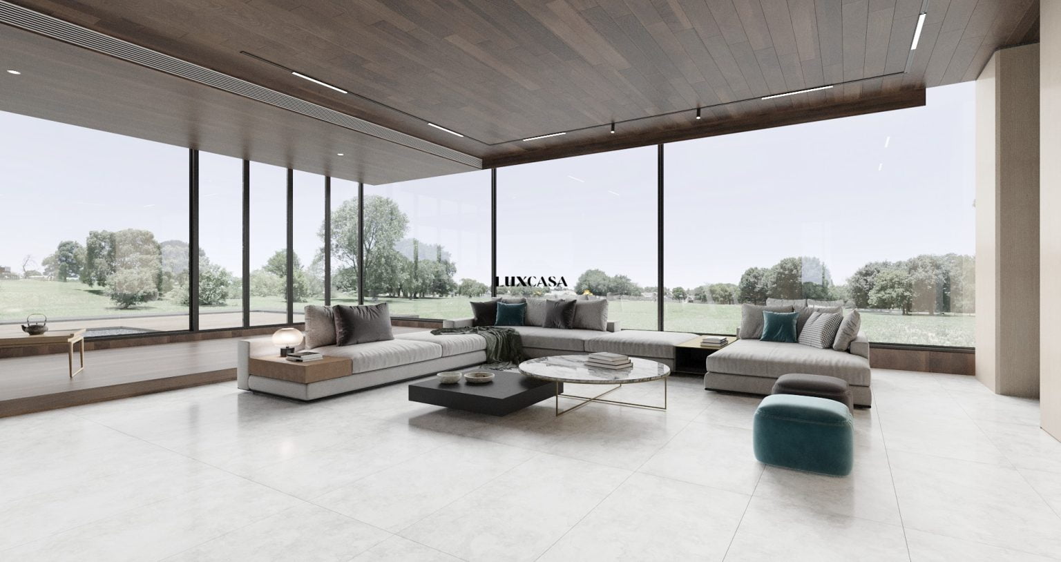 Mẫu gạch Marble Crema Marfil ứng dụng lát nền phòng khách
