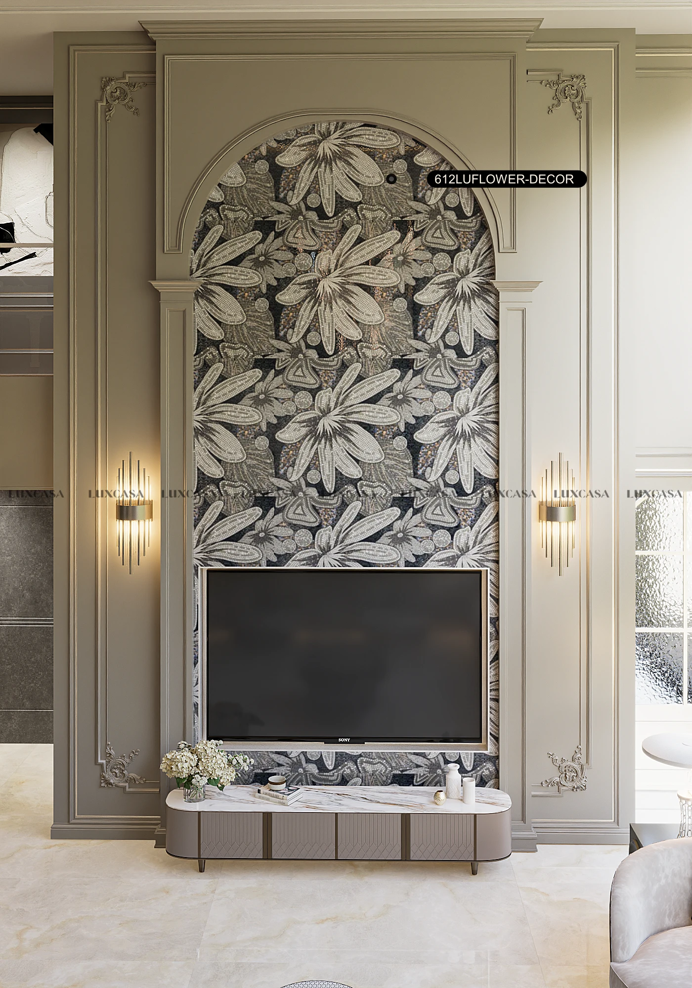 Gạch tranh ốp tường phòng khách 60x120 612LUFLOWER-DECOR