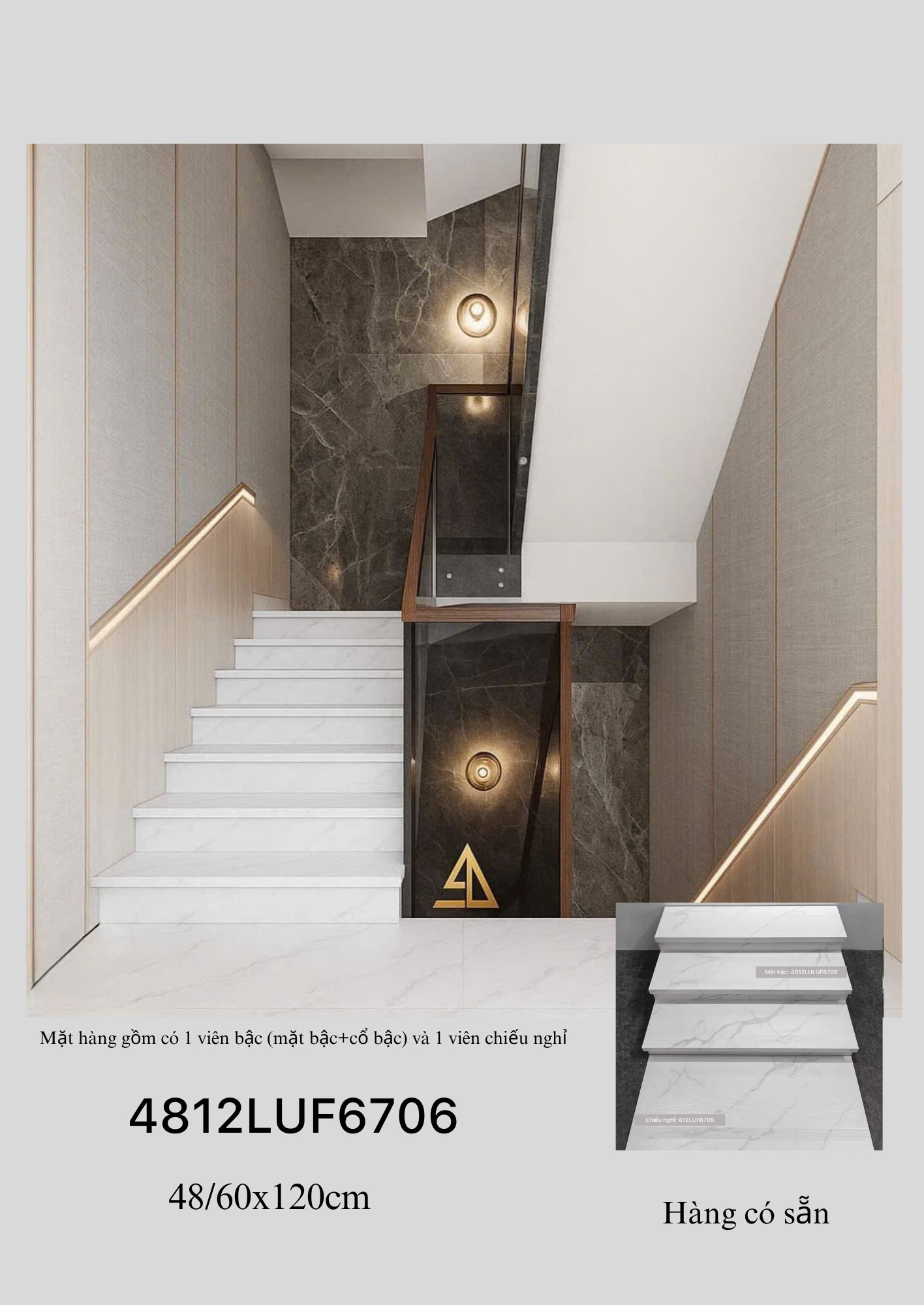 Gạch cầu thang trắng vân mây 4812LUF6706