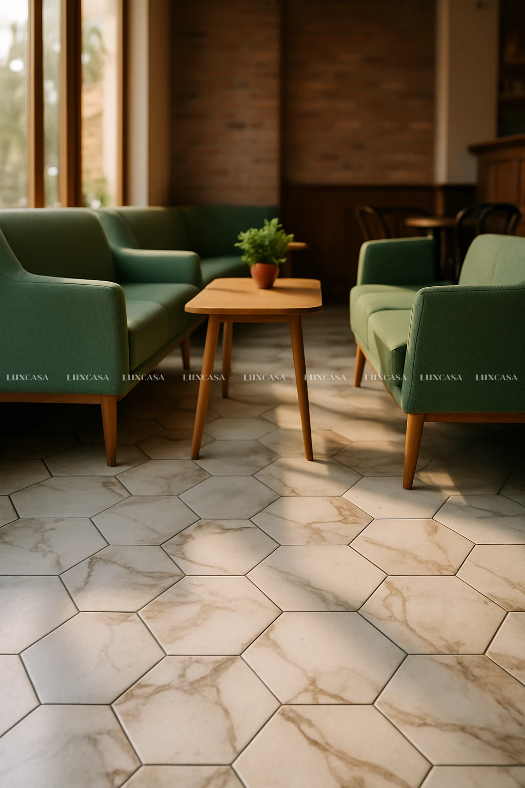 Gạch lục giác vân đá Calacatta Marble 200X230 20LU3307 lát quán cafe