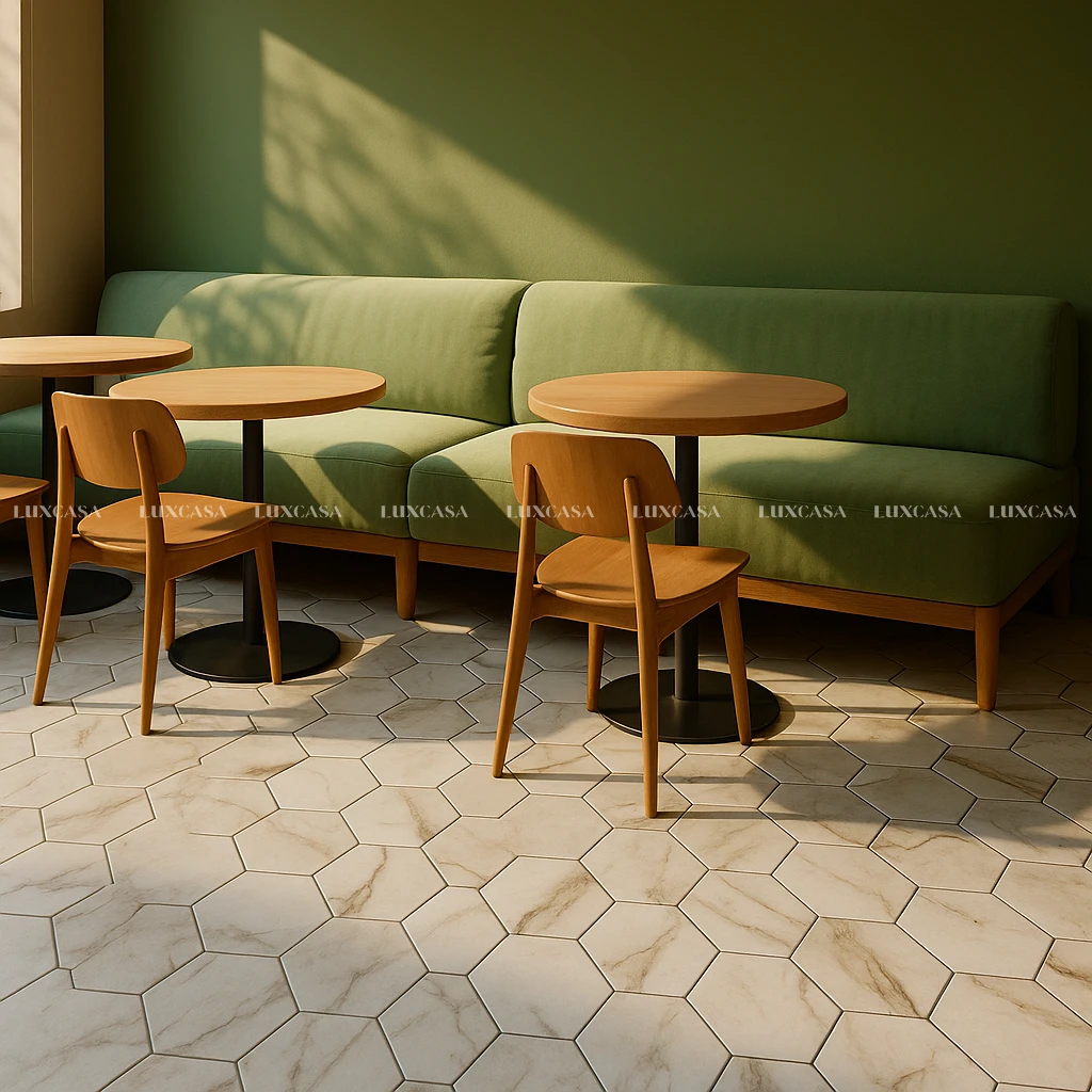 Gạch lục giác vân đá Calacatta Marble 200X230 20LU3307 lát quán cafe