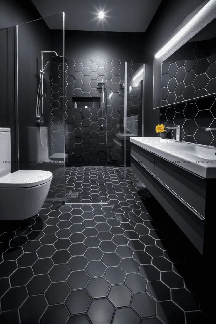 Gạch lục giác màu đen lát nhà vệ sinh 200X230 20LU3646
