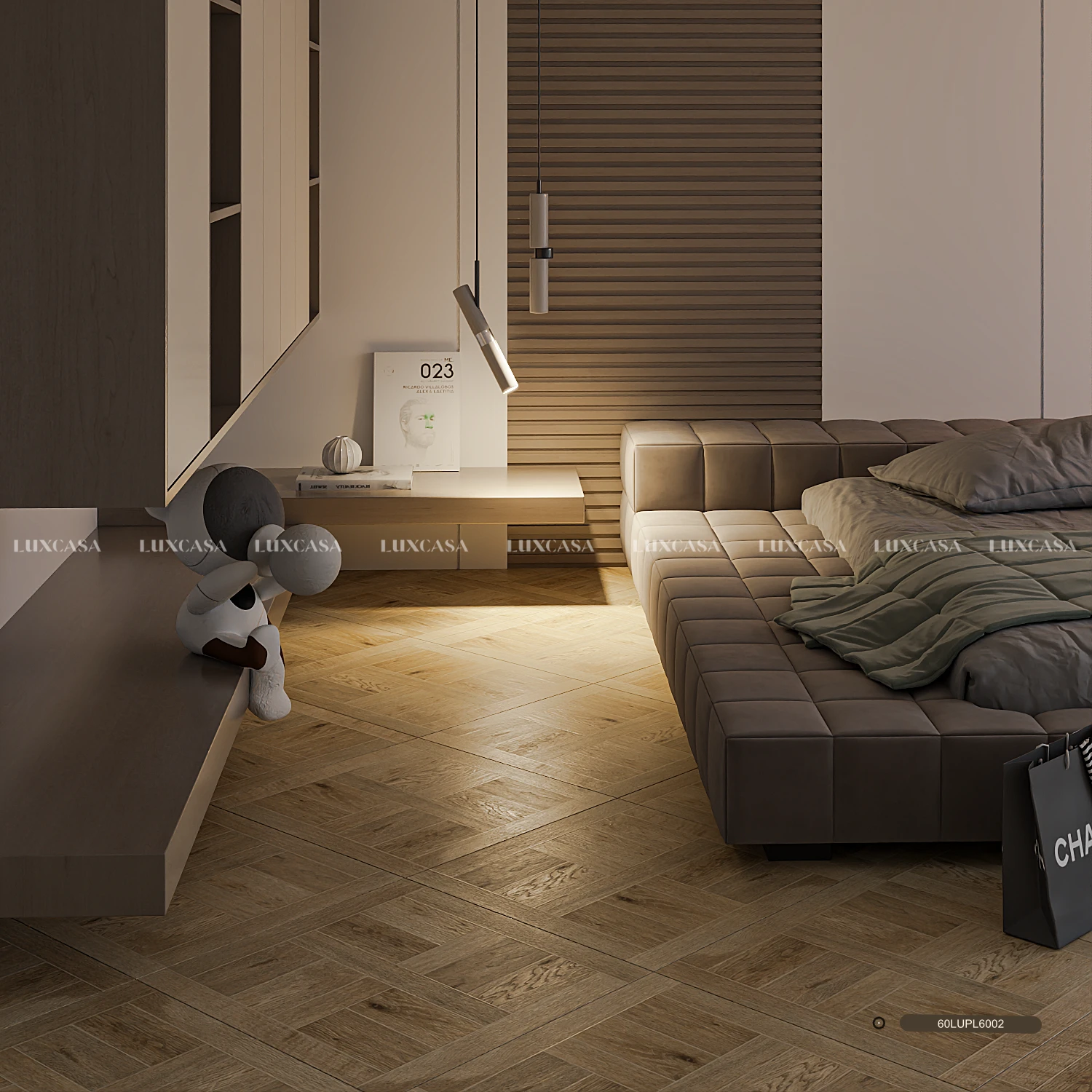 Gạch giả gỗ 60x60 Trung Quốc, kiểu vân độc đáo, lát phòng ngủ sang trọng và ấm cúng.