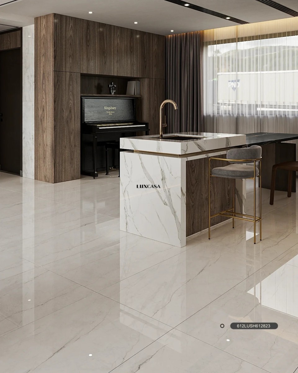 Gạch trắng vân khói 60×120 mã 612LU612823 là sản phẩm nhập khẩu Trung Quốc, xương đá porcelain cứng chắc, bề mặt bóng nhẹ với vân khói mờ tinh tế.