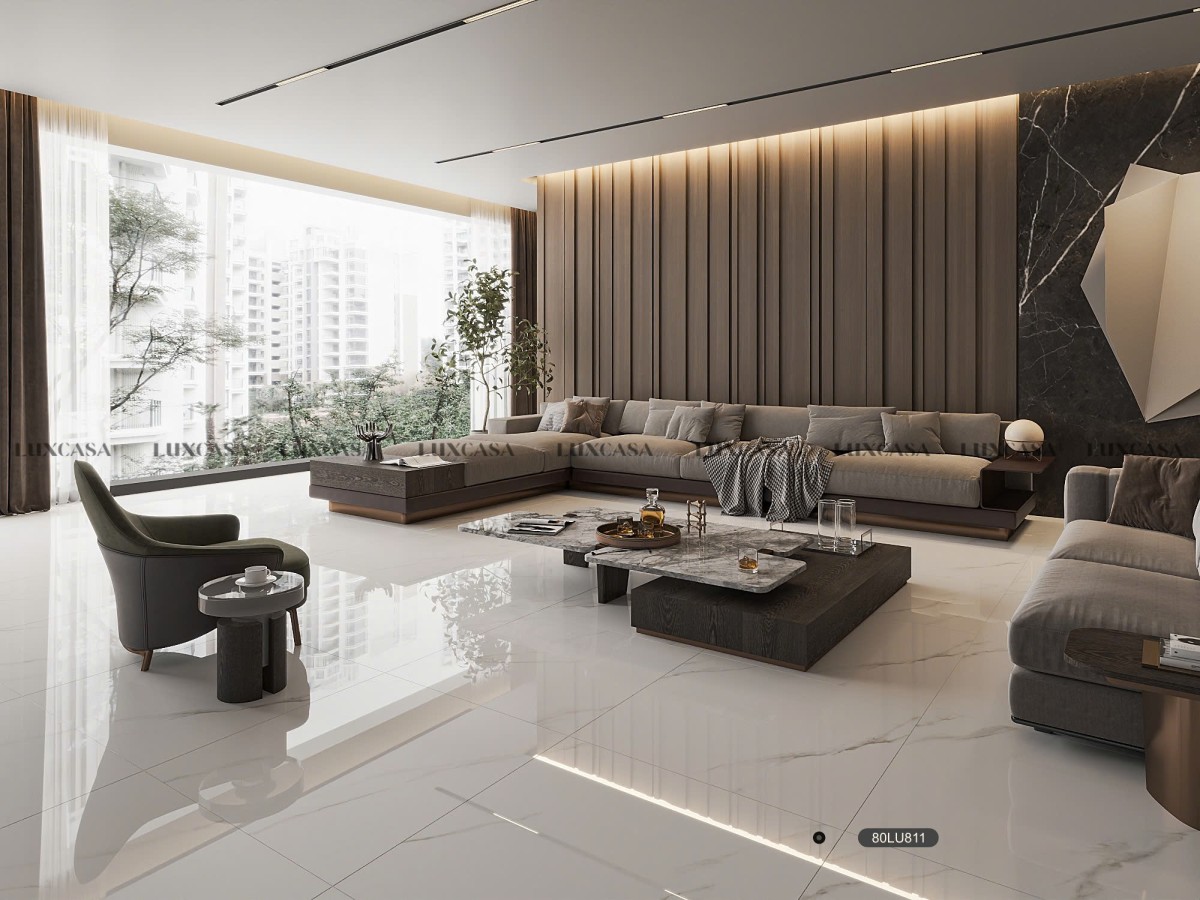 Gạch 80×80 mã 80LU811 là mẫu gạch màu trắng vân khói bóng kính, họa tiết vân mờ nhẹ nhàng, mang đến vẻ đẹp tinh tế, hiện đại.