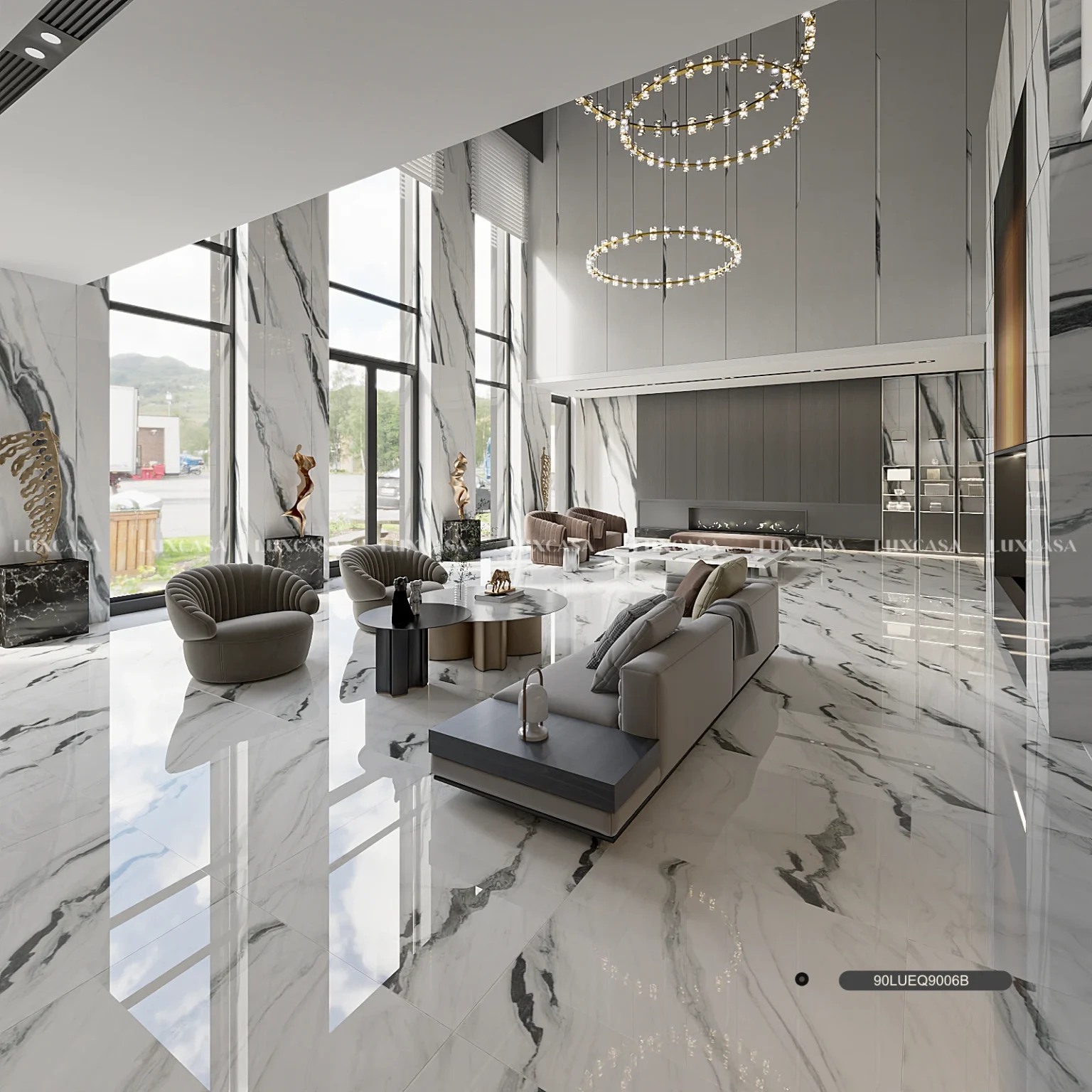 Gạch trắng vân mây 90x90 bóng dễ vệ sinh và tăng cường ánh sáng