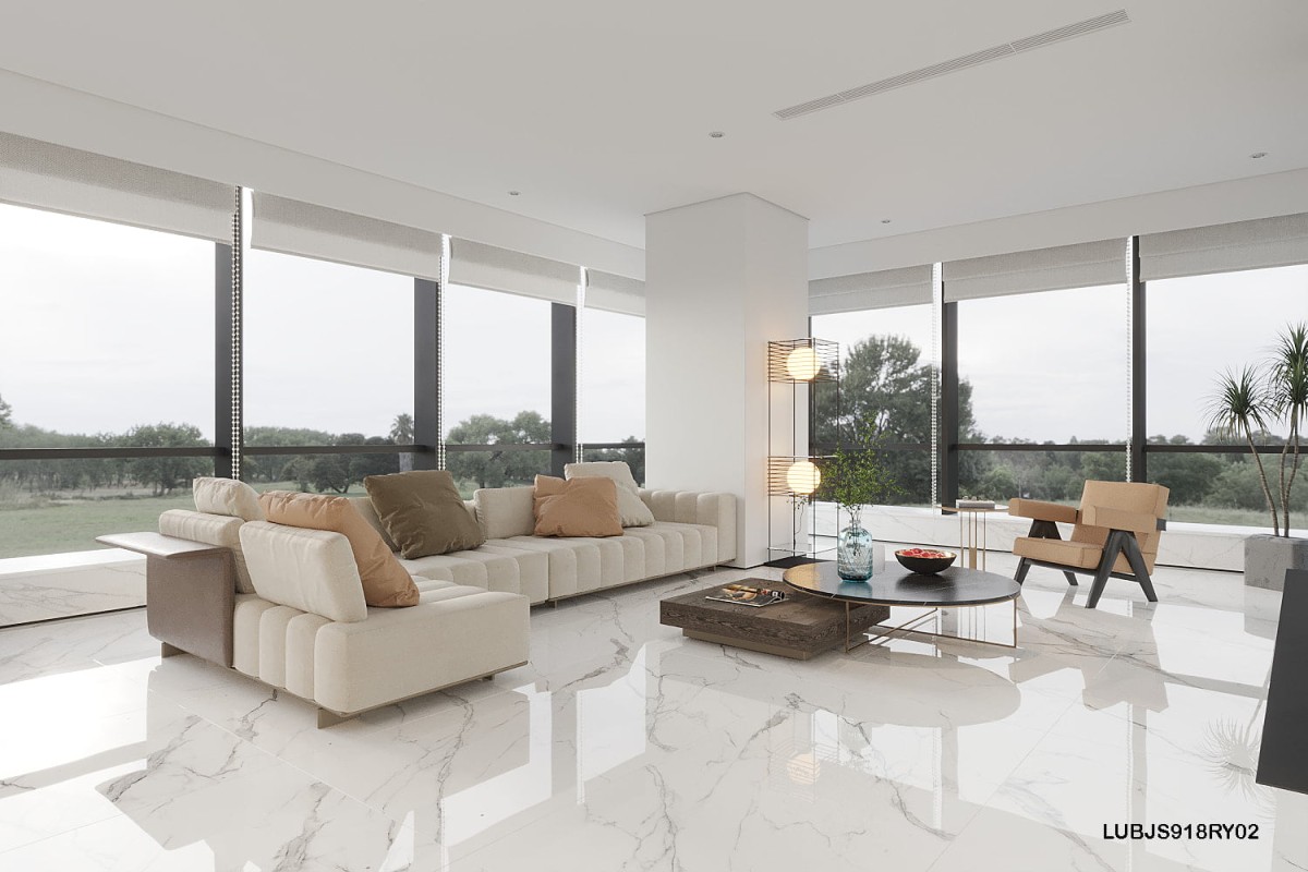 Gạch trắng vân khói 90×180 mã 918LU91805 sở hữu bề mặt bóng sang trọng, đường vân khói mềm mại, phù hợp lát phòng khách rộng.