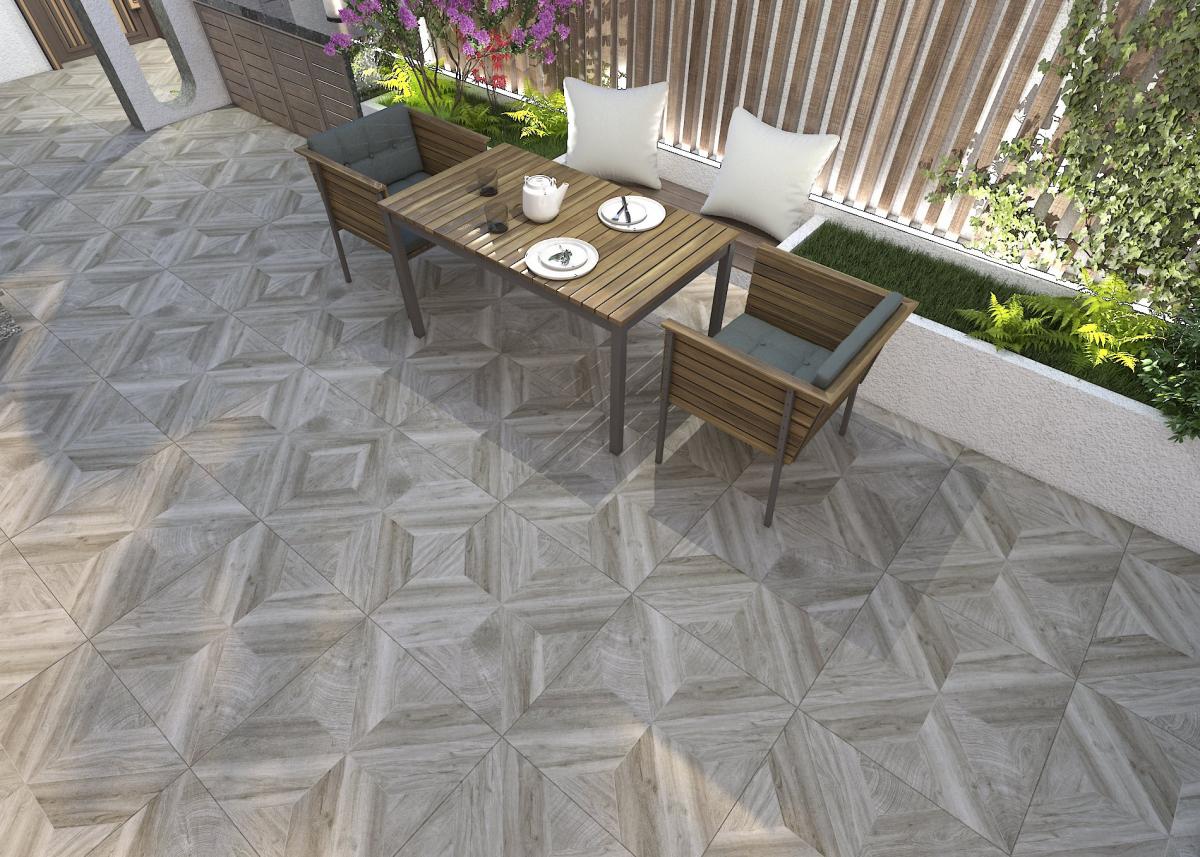 Gạch giả gỗ 60x60 lát sân ngoài trời mang đến vẻ đẹp tự nhiên, bền chắc và chống trơn trượt.