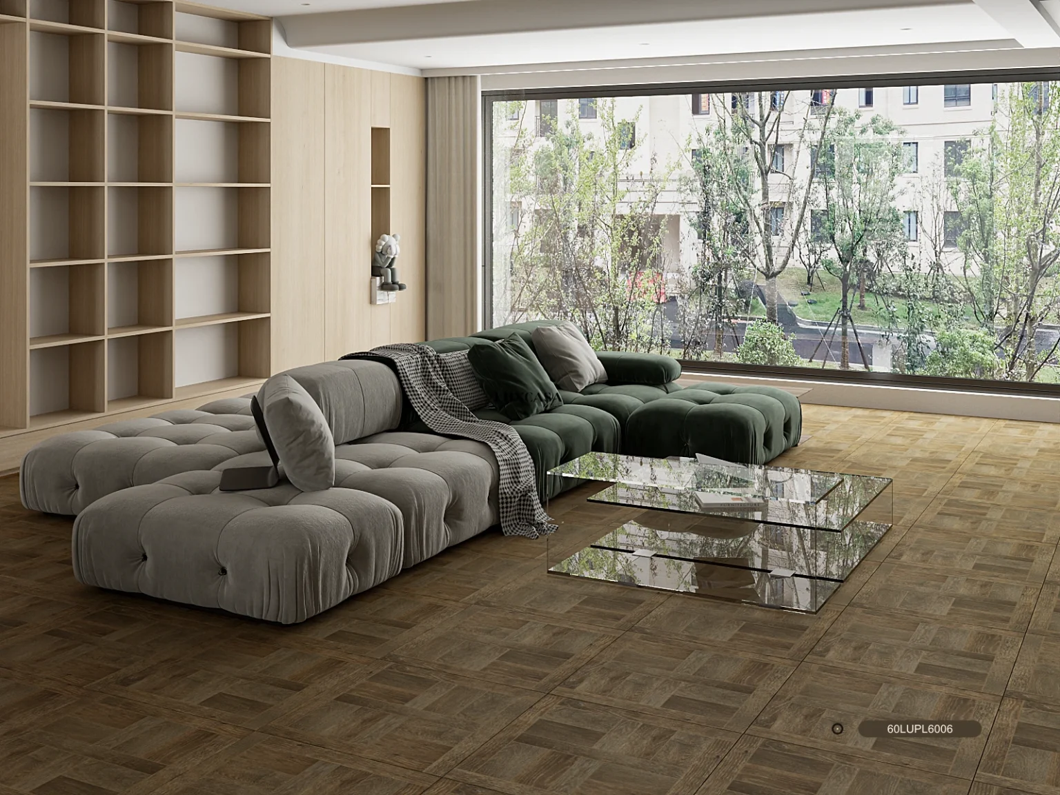 Gạch giả gỗ 60x60 lát phòng khách màu nâu trầm, bề mặt mờ sang trọng, tạo không gian ấm cúng.