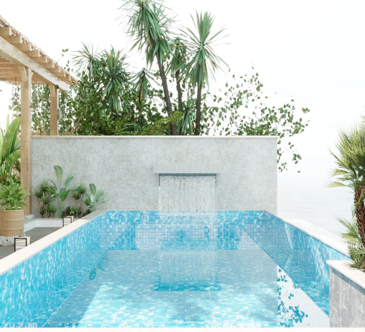 Sử dụng gạch mosaic lát bể bơi màu xanh nhạt