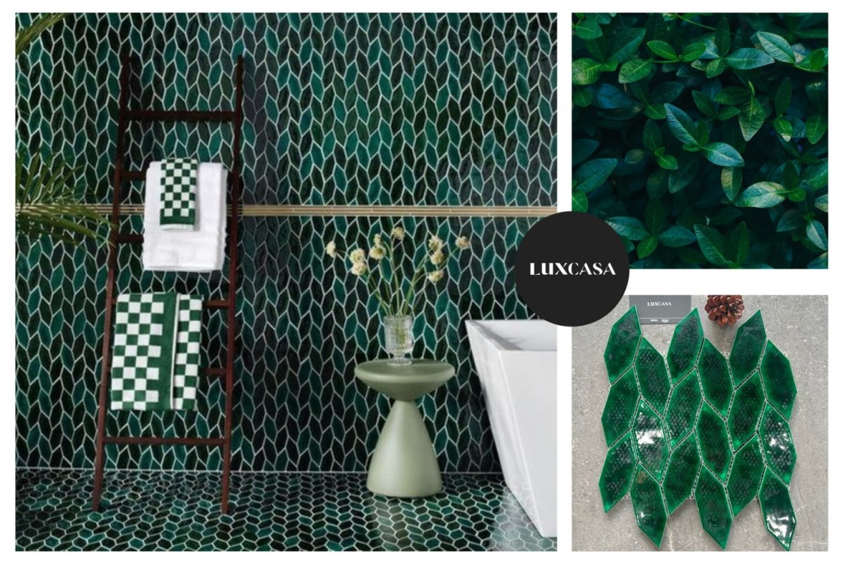 Gạch mosaic xanh ốp nhà tắm hình chiếc lá