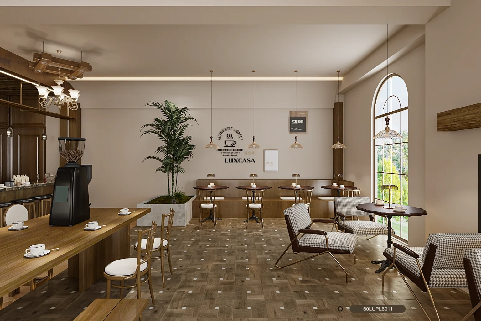 Gạch vân gỗ 60x60 lát quán cafe tạo không gian ấm cúng, gần gũi và thẩm mỹ cao.