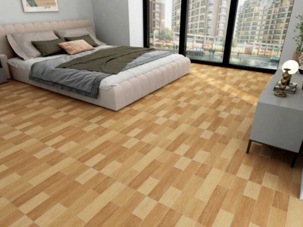 Gạch vân gỗ Prime 60x60 màu sáng, tạo cảm giác ấm áp và thoáng đãng cho phòng ngủ.