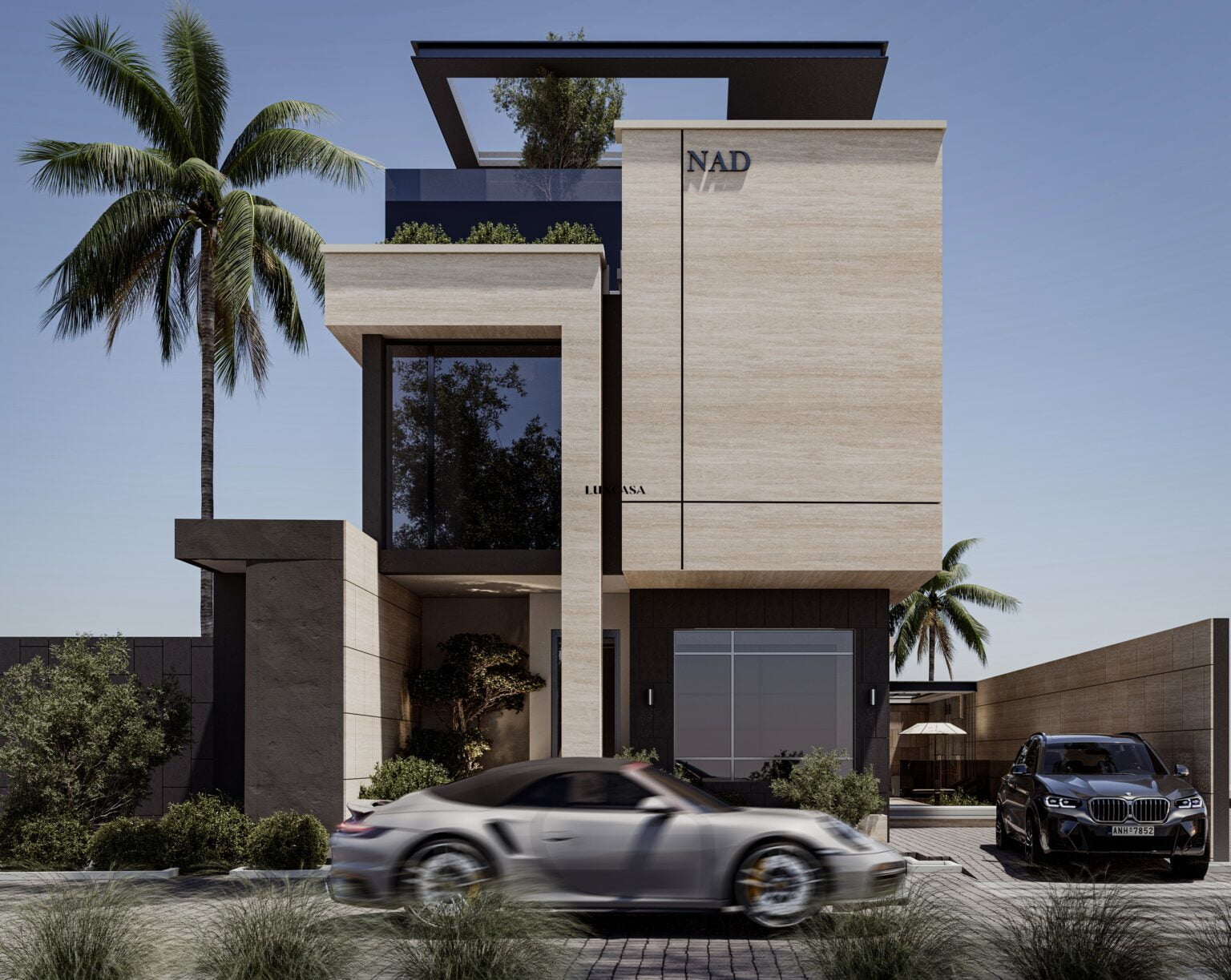 Phối màu gạch vàng vân đá travertine với chi tiết đen hoặc xám đậm tạo nên vẻ đẹp hài hòa giữa sự ấm áp và sang trọng, giúp mặt tiền nổi bật nhưng không quá chói, giữ được nét tinh tế hiện đại.