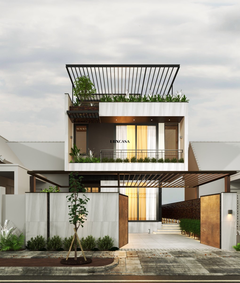 Kết hợp gạch mặt tiền màu xám trắng cùng các chi tiết vân gỗ giúp tạo nên một tổng thể hài hòa giữa sự hiện đại và nét ấm cúng tự nhiên.