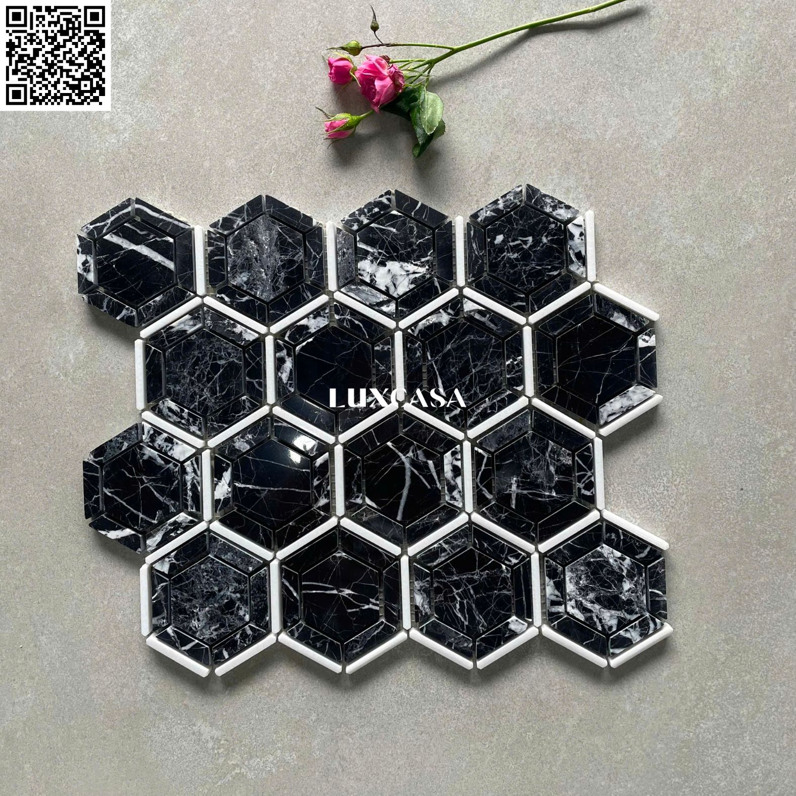 Mosaic đá marble đen lục giác