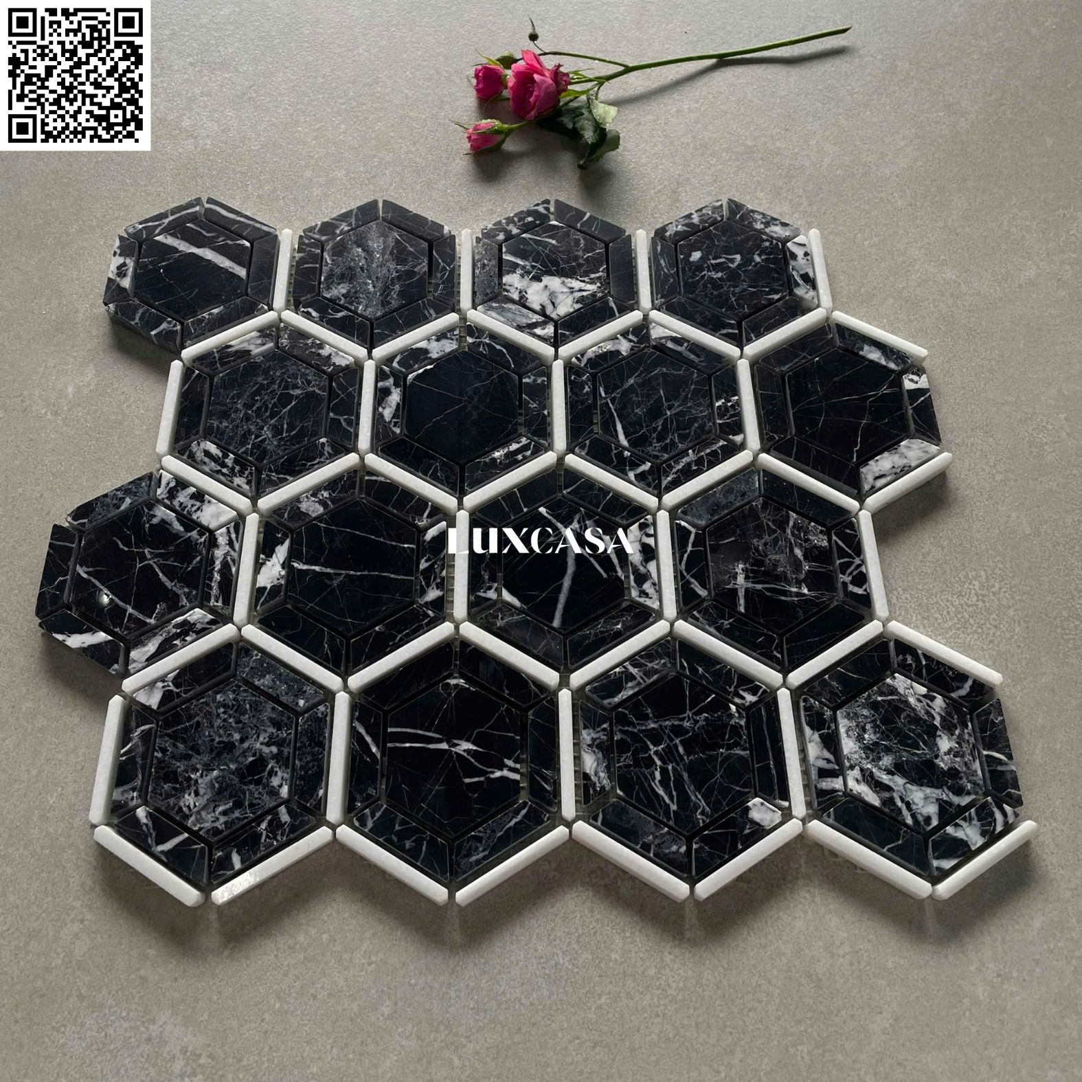 Mosaic đá marble đen lục giác