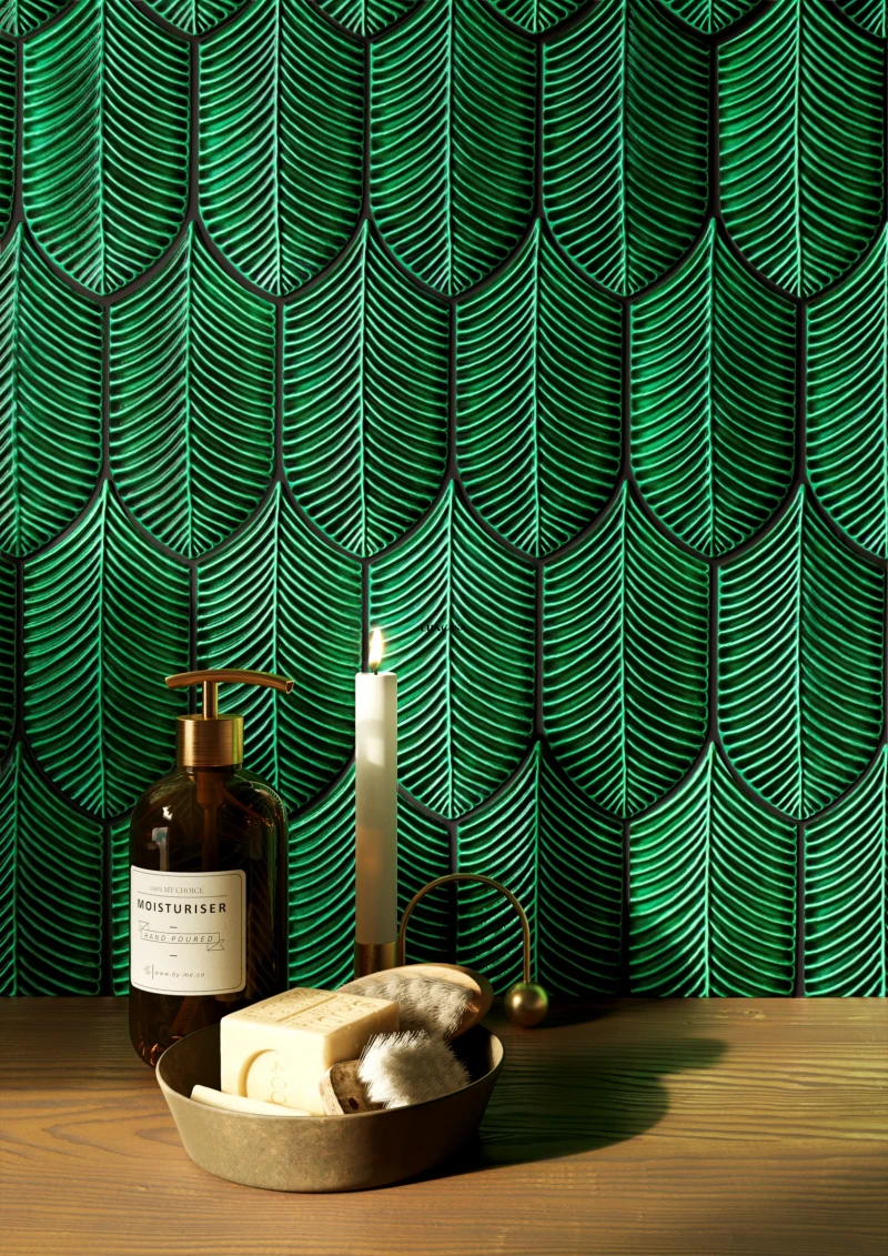 Gạch lông vũ ốp nhà tắm màu xanh