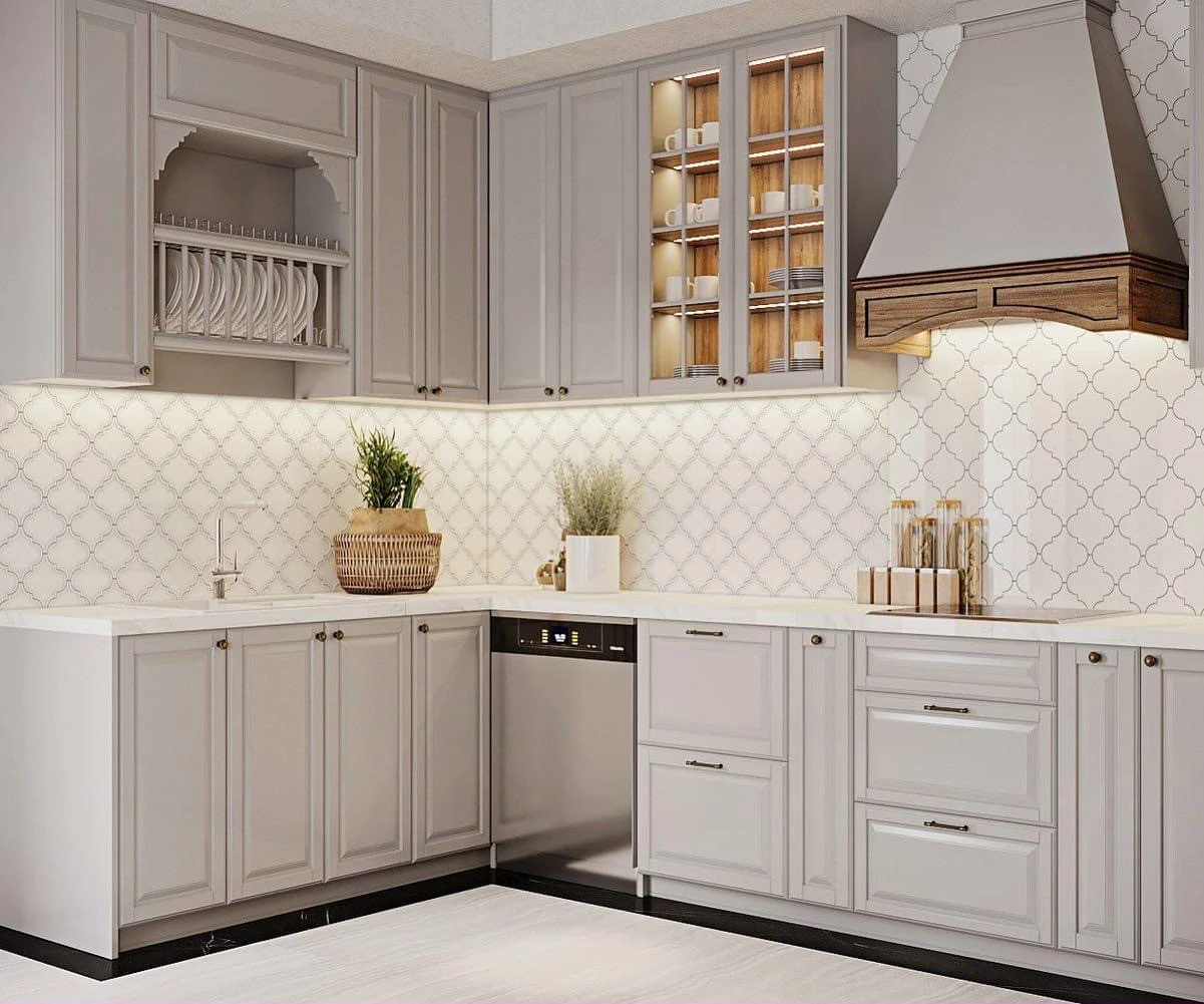 Gạch mosaic lồng đèn ốp bếp màu trắng