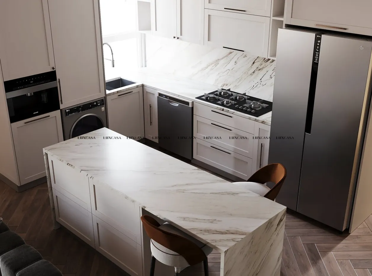 Gạch ốp bếp khổ lớn giả đá trắng