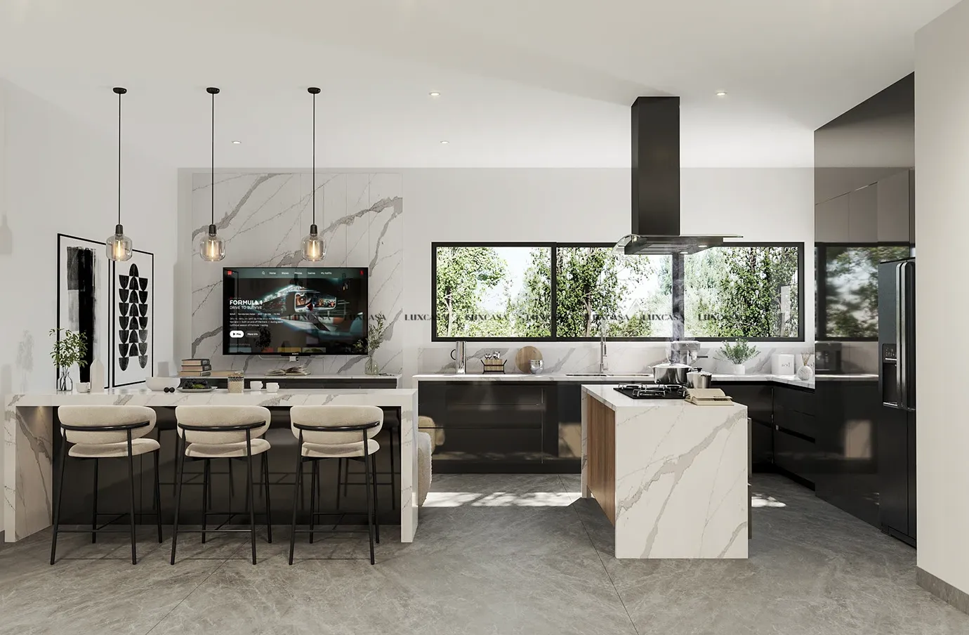 Gạch ốp bếp trắng vân mây khổ lớn